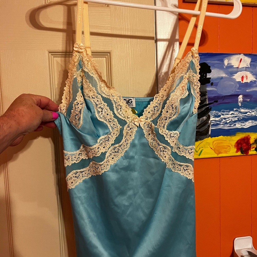 Y2K Dolce & Gabbana Blue Satin Chemise with Cream Lace